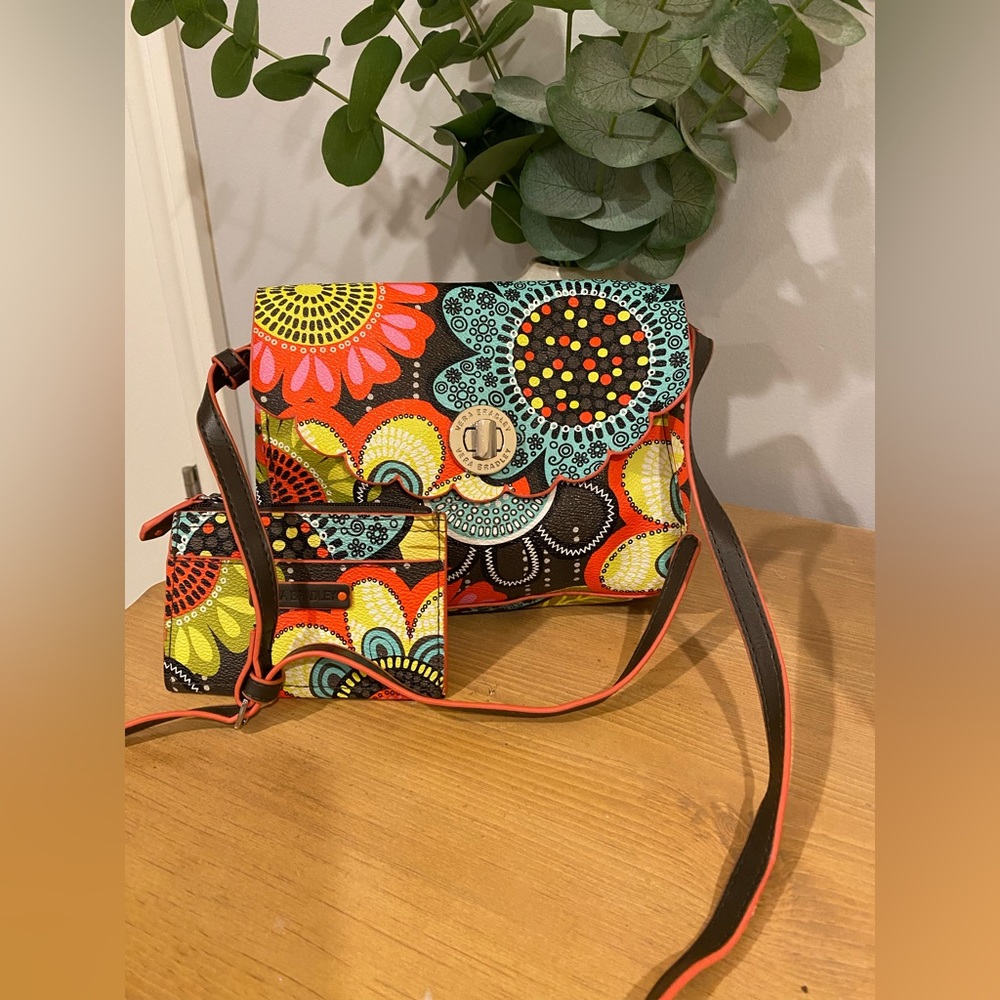 Vera Bradley faux leather bag with scalloped edge + wallet; Flower Power print